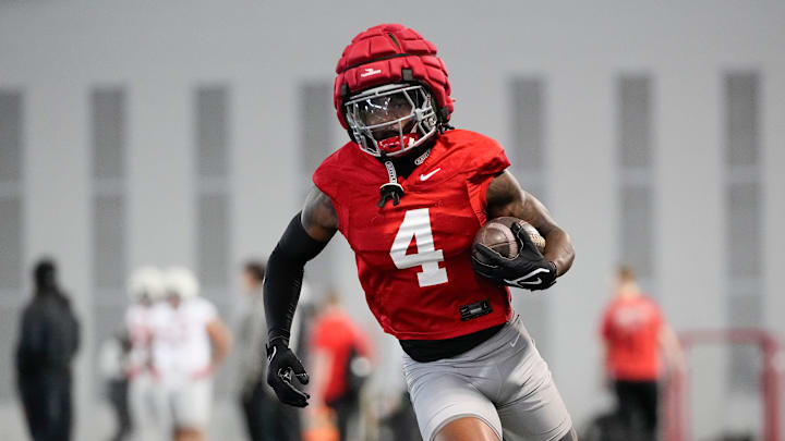 Ohio State Buckeyes wide receiver Jeremiah Smith (4) runs during spring football practice at the Woody Hayes Athletic Center on March 17, 2025.