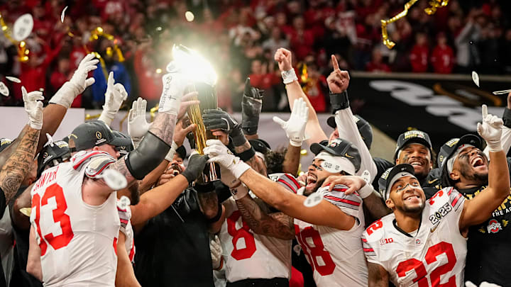 Ohio State Buckeyes celebrate their 34-23 win over Notre Dame Fighting Irish to win the College Football Playoff National Championship at Mercedes-Benz Stadium in Atlanta on January 20, 2025.