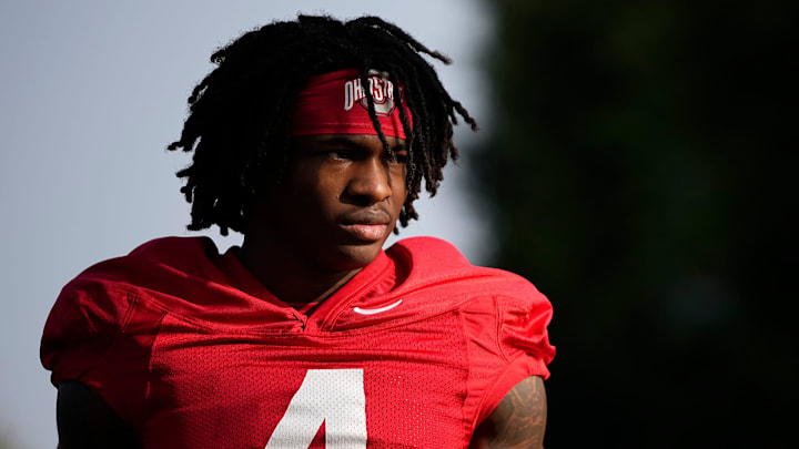 Ohio State Buckeyes wide receiver Jeremiah Smith (4) walks to practice for the Rose Bowl at Dignity Health Sports Park in Carson, Calif. on Dec. 30, 2024.