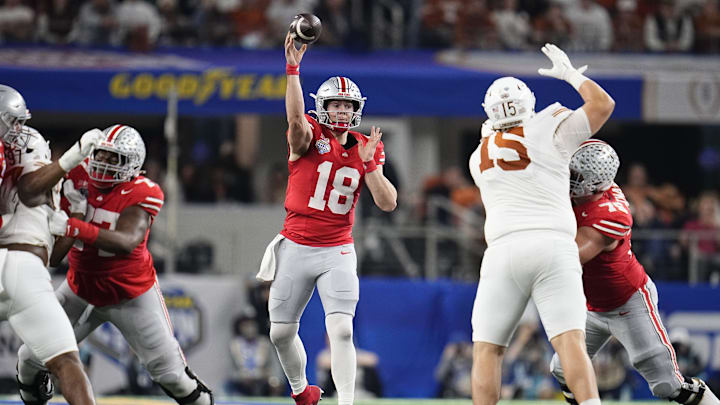 Ohio State Buckeyes quarterback Will Howard (18) throws during the second half of the Cotton Bowl Classic College Football Playoff semifinal game against the Texas Longhorns at AT&T Stadium in Arlington, Texas on Jan. 10, 2025. Ohio State won 28-14.