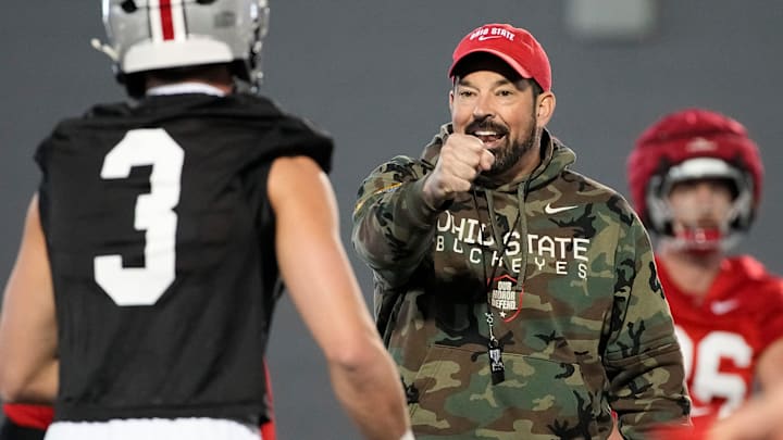 Ohio State Buckeyes head coach Ryan Day motions to quarterback Lincoln Kienholz (3) during spring football practice at the Woody Hayes Athletic Center on March 17, 2025.