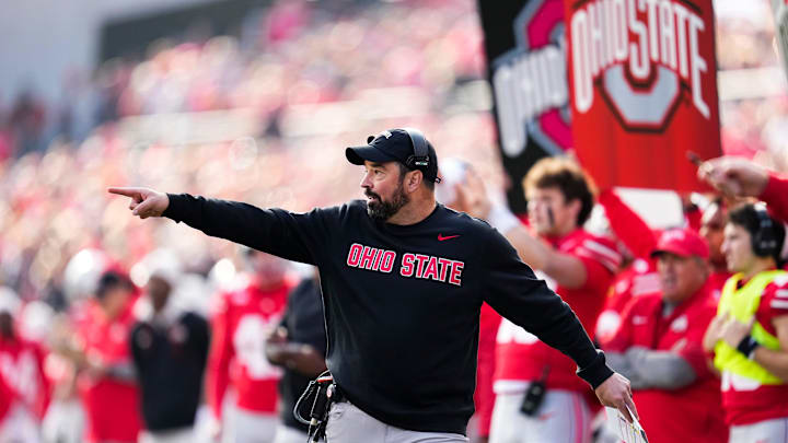 Ohio State Buckeyes head coach Ryan Day motions from the sideline during the first half of the NCAA football game against the Rutgers Scarlet Knights at Ohio Stadium in Columbus on Nov. 22, 2025. Ohio State Buckeyes head coach Ryan Day motions from the sideline during the first half of the NCAA football game against the Rutgers Scarlet Knights at Ohio Stadium in Columbus on Nov. 22, 2025.