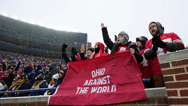 Ohio State Buckeyes fans cheer during the NCAA football game against the Michigan Wolverines at Michigan Stadium in Ann Arbor, Mich. on Nov. 29, 2025. Ohio State won 27-9.