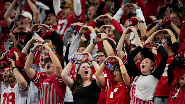Ohio State Buckeyes fans cheer during the first half of the Big Ten Conference championship game against the Indiana Hoosiers at Lucas Oil Stadium in Indianapolis on Dec. 6, 2025.