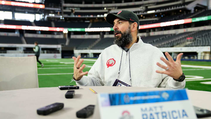 Ohio State Buckeyes defensive coordinator Matt Patricia speaks during the Cotton Bowl Media Day at AT&T Stadium in Dallas prior to the College Football Playoff matchup against the Miami Hurricanes on Dec. 29, 2025.