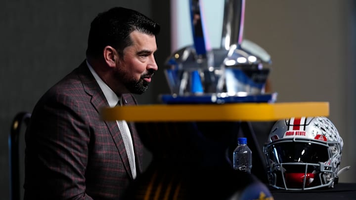 Ohio State Buckeyes head coach Ryan Day talks to media during a Cotton Bowl press conference at AT&T Stadium in Arlington, Texas prior to their College Football Playoff quarterfinal matchup on Dec. 30, 2025. Ohio State Buckeyes head coach Ryan Day talks to media during a Cotton Bowl press conference at AT&T Stadium in Arlington, Texas prior to their College Football Playoff quarterfinal matchup on Dec. 30, 2025.