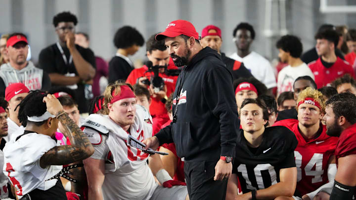 Ohio State Buckeyes head coach Ryan Day addresses his team during Student Appreciation Day spring practice at the Woody Hayes Athletic Center on April 4, 2026.