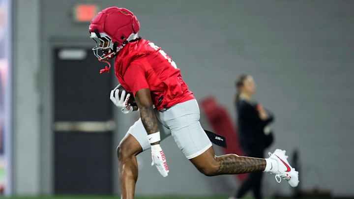 Ohio State Buckeyes running back Legend Bey (2) carries the ball during the first day of spring workouts for the 2026 football season at Woody Hayes Athletic Complex in Columbus on March 10, 2026.
