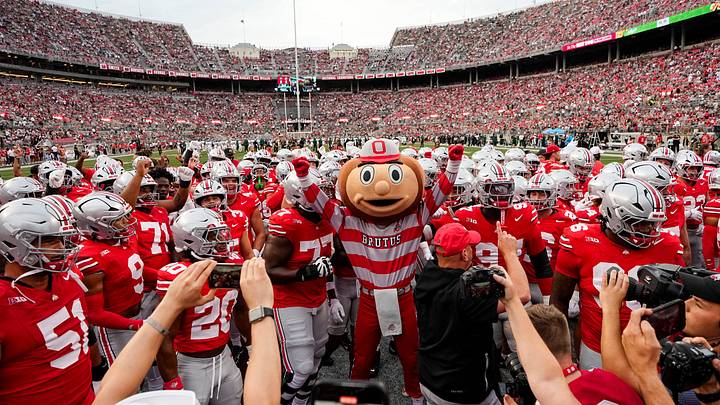 Brutus Buckeye and the football team do the quick cals drill prior to the NCAA football game against the Ohio Bobcats at Ohio Stadium on Sept. 13, 2025. Ohio State won 37-9.
