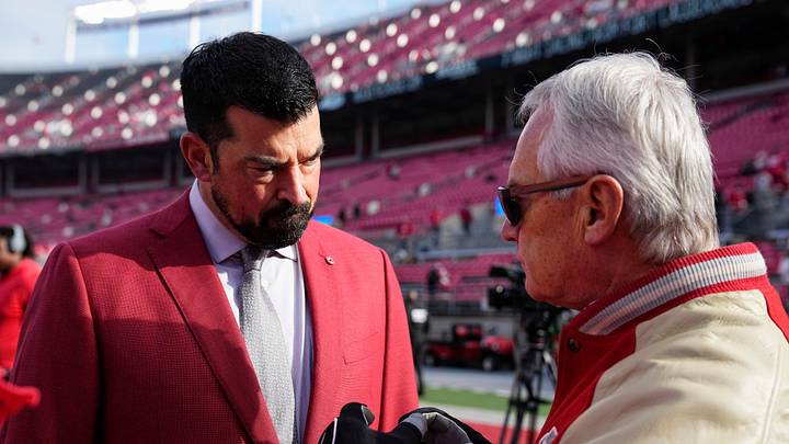 Ohio State Buckeyes head coach Ryan Day talks to former head coach and current Ohio lieutenant governor Jim Tressel prior to the NCAA football game against the Rutgers Scarlet Knights at Ohio Stadium in Columbus on Nov. 22, 2025.