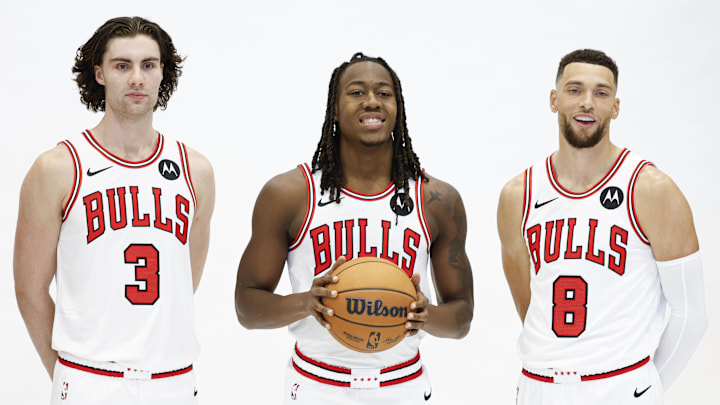 Chicago Bulls guard Josh Giddey (3), guard Ayo Dosunmu (11) and guard Zach LaVine (8) pose during Chicago Bulls Media Day. Mandatory Credit: Kamil Krzaczynski-Imagn Images