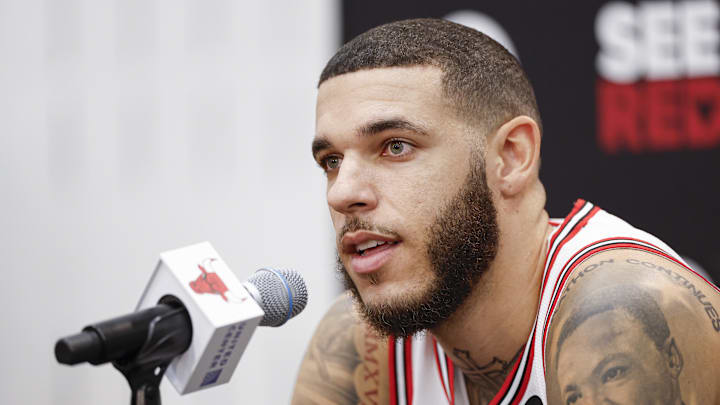 Chicago Bulls guard Lonzo Ball (2) speaks to the press during Media Day. Mandatory Credit: Kamil Krzaczynski-Imagn Images