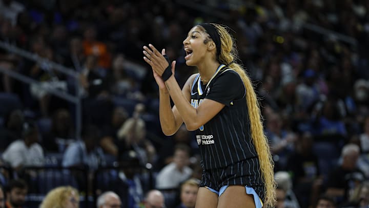 Jul 12, 2025; Chicago, Illinois, USA; Chicago Sky forward Angel Reese (5) reacts during the second half of a WNBA game against the Minnesota Lynx at Wintrust Arena. Mandatory Credit: Kamil Krzaczynski-Imagn Images