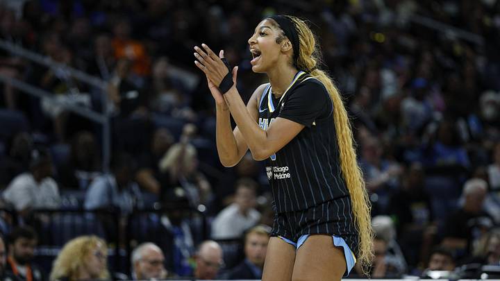 Jul 12, 2025; Chicago, Illinois, USA; Chicago Sky forward Angel Reese (5) reacts during the second half of a WNBA game against the Minnesota Lynx at Wintrust Arena. Mandatory Credit: Kamil Krzaczynski-Imagn Images