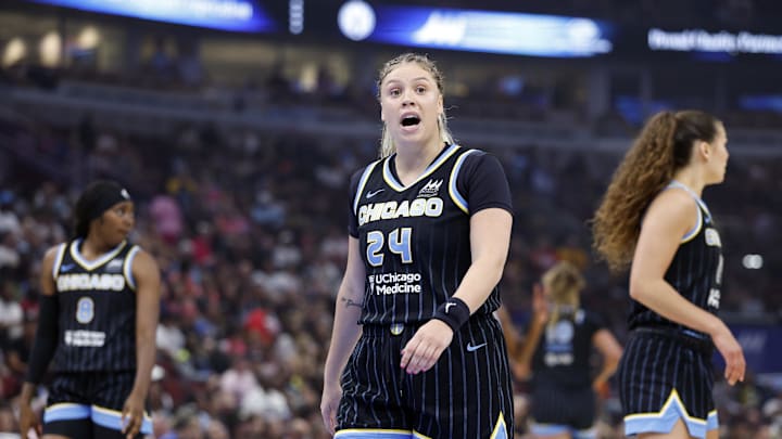 Jul 27, 2025; Chicago, Illinois, USA; Chicago Sky guard Rachel Banham (24) reacts during the first half of a basketball game against the Indiana Fever at United Center. Mandatory Credit: Kamil Krzaczynski-Imagn Images