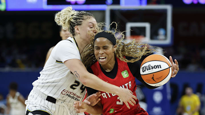 Aug 7, 2025; Chicago, Illinois, USA; Atlanta Dream guard Jordin Canada (3) drives to the basket against Chicago Sky guard Rachel Banham (24) during the second half at Wintrust Arena. Mandatory Credit: Kamil Krzaczynski-Imagn Images Aug 7, 2025; Chicago, Illinois, USA; Atlanta Dream guard Jordin Canada (3) drives to the basket against Chicago Sky guard Rachel Banham (24) during the second half at Wintrust Arena. Mandatory Credit: Kamil Krzaczynski-Imagn Images