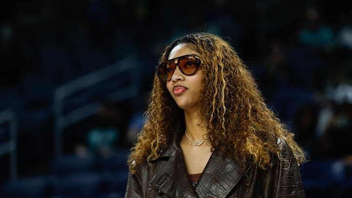 Sep 11, 2025; Chicago, Illinois, USA; Injured Chicago Sky forward Angel Reese (5) stands on the sidelines before a WNBA game against the New York Liberty at Wintrust Arena. Mandatory Credit: Kamil Krzaczynski-Imagn Images