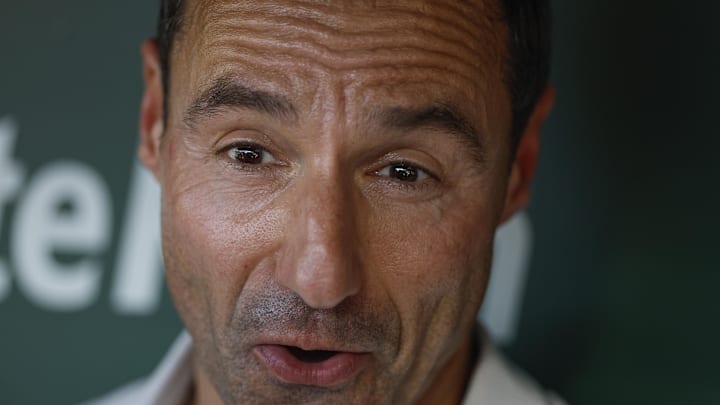 Jul 3, 2025; Chicago, Illinois, USA; Cleveland Guardians president of baseball operations Chris Antonetti speaks before a baseball game between the Chicago Cubs and Cleveland Guardians at Wrigley Field. Mandatory Credit: Kamil Krzaczynski-Imagn Images