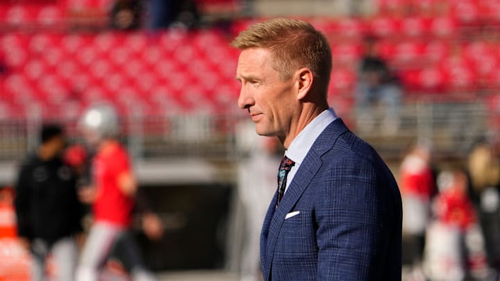 Nov 26, 2022; Columbus, Ohio, USA; Fox Sports announcer Joel Klatt walks across the field prior to the NCAA football game between the Ohio State Buckeyes and the Michigan Wolverines at Ohio Stadium. Mandatory Credit: Adam Cairns-The Columbus Dispatch

Ncaa Football Michigan Wolverines At Ohio State Buckeyes