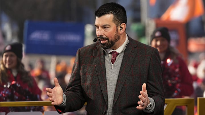 Dec 21, 2024; Columbus, Ohio, USA; Ohio State head coach Ryan Day talks on the set of ESPN College GameDay prior to the College Football Playoff first round game between the Ohio State Buckeyes and Tennessee Volunteers at Ohio Stadium. Mandatory Credit: Adam Cairns-Imagn Images via the USA Today Network