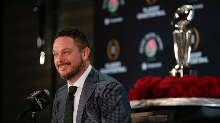 Oregon Ducks head coach Dan Lanning speaks during a Rose Bowl press conference in Los Angeles on Dec. 31, 2024. Oregon Ducks head coach Dan Lanning speaks during a Rose Bowl press conference in Los Angeles on Dec. 31, 2024.