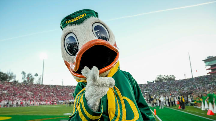 The Oregon Ducks mascot walks the sideline during the College Football Playoff quarterfinal against the Ohio State Buckeyes at the Rose Bowl in Pasadena, Calif. on Jan. 1, 2025. Ohio State won 41-21. The Oregon Ducks mascot walks the sideline during the College Football Playoff quarterfinal against the Ohio State Buckeyes at the Rose Bowl in Pasadena, Calif. on Jan. 1, 2025. Ohio State won 41-21.