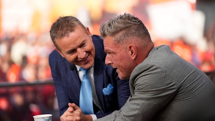 Pat McAfee, right, talks to Kirk Herbstreit on the set of ESPN College GameDay prior to the NCAA football game between the Ohio State Buckeyes and the Texas Longhorns at Ohio Stadium on Aug. 30, 2025.