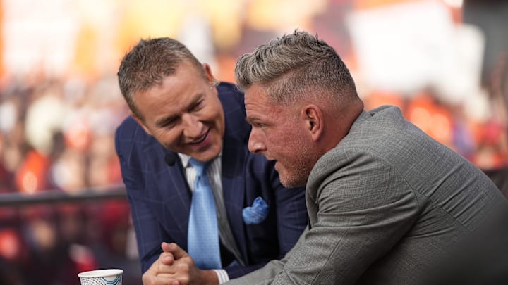 Pat McAfee, right, talks to Kirk Herbstreit on the set of ESPN College GameDay prior to the NCAA football game between the Ohio State Buckeyes and the Texas Longhorns at Ohio Stadium on Aug. 30, 2025.