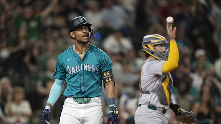May 11, 2024; Seattle, Washington, USA; Seattle Mariners centerfielder Julio Rodriguez (44) reacts