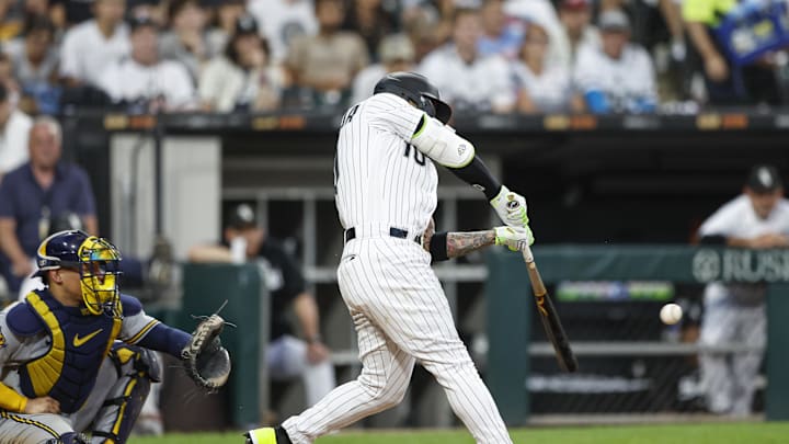 Chicago White Sox third baseman Yoan Moncada (10) hits a solo home run against the Milwaukee Brewers during the sixth inning at Guaranteed Rate Field in 2023. Chicago White Sox third baseman Yoan Moncada (10) hits a solo home run against the Milwaukee Brewers during the sixth inning at Guaranteed Rate Field in 2023.