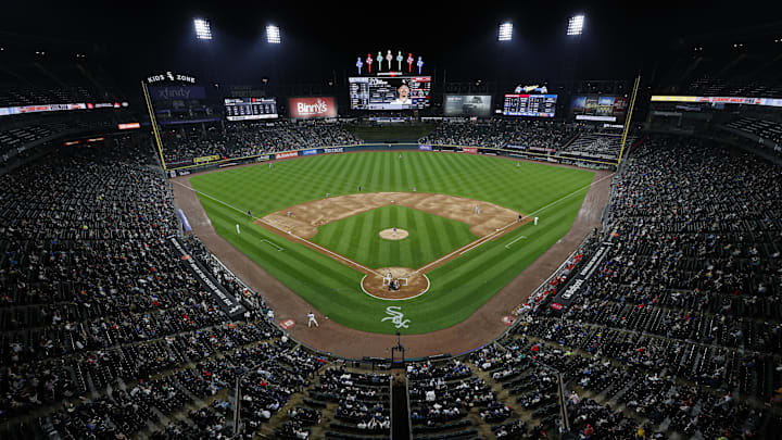 Sep 24, 2024; Chicago, Illinois, USA; Fans watch a baseball game between the Chicago White Sox and Los Angeles Angels during the second inning at Guaranteed Rate Field.