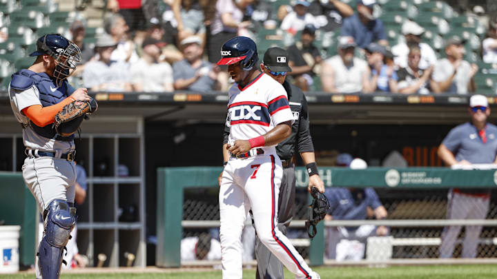 Chicago White Sox shortstop Tim Anderson (7) scores against the Detroit Tigers during the first inning at Guaranteed Rate Field in 2023.
