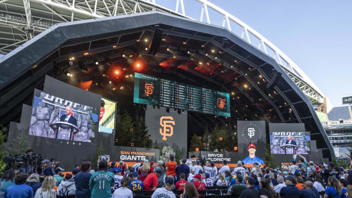 Jul 9, 2023; Seattle, Washington, USA; Commissioner Rob Manfred announces San Francisco Giants pick Bryce Eldridge during the first round of the MLB Draft at Lumen Field. Mandatory Credit: Stephen Brashear-USA TODAY Sports Jul 9, 2023; Seattle, Washington, USA; Commissioner Rob Manfred announces San Francisco Giants pick Bryce Eldridge during the first round of the MLB Draft at Lumen Field. Mandatory Credit: Stephen Brashear-USA TODAY Sports