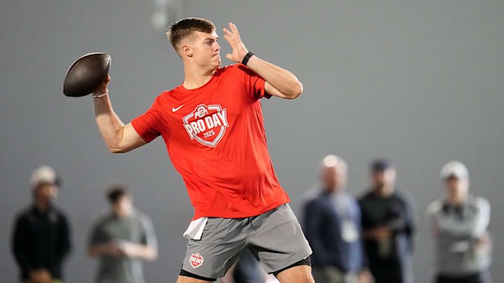 Ohio State Buckeyes quarterback Will Howard throws during the pro day for NFL scouts at the Woody Hayes Athletic Center on March 26, 2025. Ohio State Buckeyes quarterback Will Howard throws during the pro day for NFL scouts at the Woody Hayes Athletic Center on March 26, 2025.
