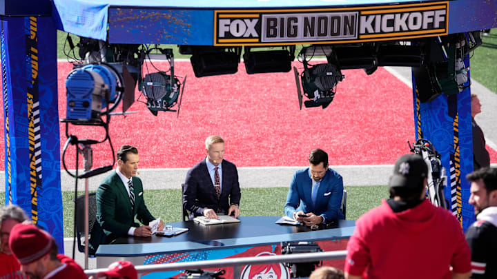 Oct 21, 2023; Columbus, Ohio, USA; The Fox Big Noon Kickoff crew broadcasts from the field prior to the NCAA football game between the Ohio State Buckeyes and the Penn State Nittany Lions at Ohio Stadium.