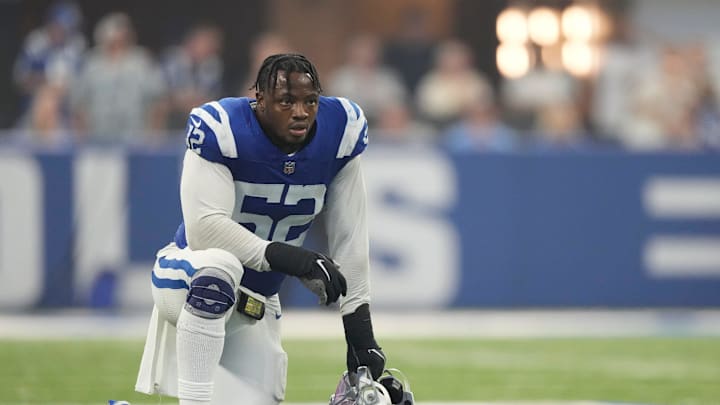 Indianapolis Colts defensive end Samson Ebukam (52) takes a quick breather during a break in the action near the end of regulation, Los Angeles Rams at Indianapolis Colts, on Sunday, Oct. 1, 2023, at Lucas Oil Stadium in Indianapolis. Los Angeles won in overtime, 29-23.