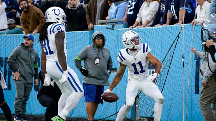 Indianapolis Colts wide receiver Michael Pittman Jr. (11) scores the game winning touchdown against the Tennessee Titans in overtime at Nissan Stadium in Nashville, Tenn. Indianapolis Colts wide receiver Michael Pittman Jr. (11) scores the game winning touchdown against the Tennessee Titans in overtime at Nissan Stadium in Nashville, Tenn.