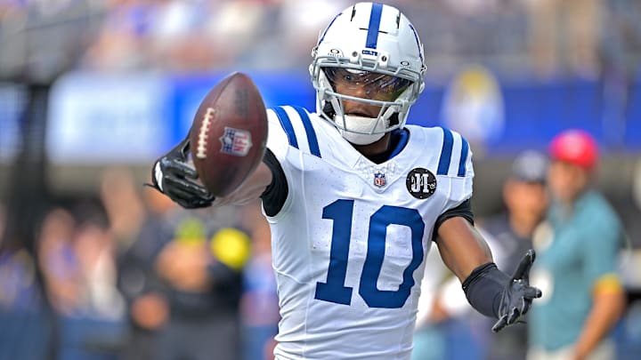 Sep 28, 2025; Inglewood, California, USA; Indianapolis Colts wide receiver Adonai Mitchell (10) drops the ball crossing the goal line causing a touchback in the second half against the Los Angeles Rams at SoFi Stadium. Mandatory Credit: Jayne Kamin-Oncea-Imagn Images
