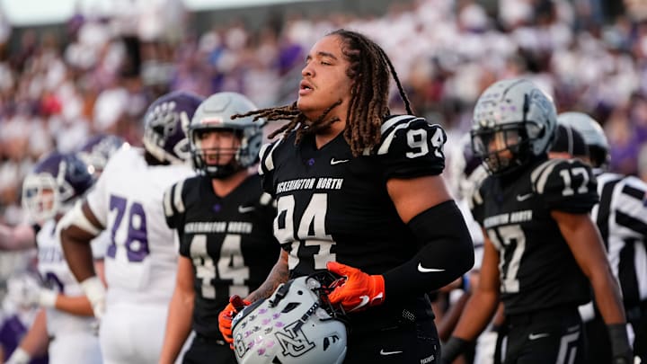 Sep 8, 2023; Pickerington, Ohio, USA; Pickerington North defensive lineman Angelo McCullom (94) leaves the field after his helmet came off during the high school football game against the Pickerington Central Tigers at Pickerington High School North. The Panthers won 39-34.