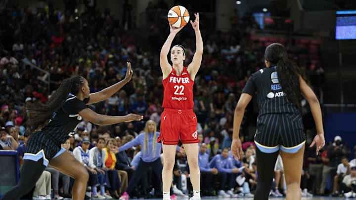 Aug 30, 2024; Chicago, Illinois, USA; Indiana Fever guard Caitlin Clark (22) shoots against the Chicago Sky during the first half at Wintrust Arena. Mandatory Credit: Kamil Krzaczynski-Imagn Images Aug 30, 2024; Chicago, Illinois, USA; Indiana Fever guard Caitlin Clark (22) shoots against the Chicago Sky during the first half at Wintrust Arena. Mandatory Credit: Kamil Krzaczynski-Imagn Images