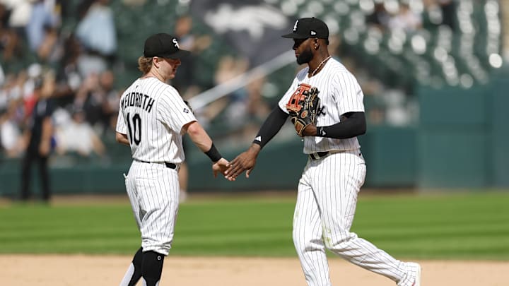 Aug 24, 2025; Chicago, Illinois, USA; Chicago White Sox second baseman Chase Meidroth (10) celebrates with center fielder Luis Robert Jr. (88) team's win against the Minnesota Twins in a baseball game at Rate Field. Mandatory Credit: Kamil Krzaczynski-Imagn Images Aug 24, 2025; Chicago, Illinois, USA; Chicago White Sox second baseman Chase Meidroth (10) celebrates with center fielder Luis Robert Jr. (88) team's win against the Minnesota Twins in a baseball game at Rate Field. Mandatory Credit: Kamil Krzaczynski-Imagn Images