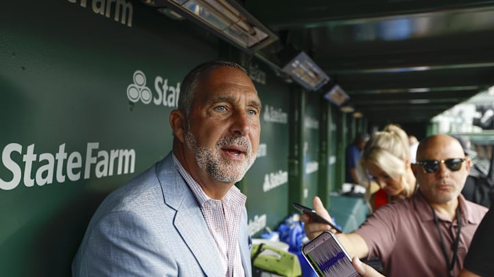 Jul 4, 2025; Chicago, Illinois, USA; St. Louis Cardinals president of baseball operations John Mozeliak speaks before a baseball game against the Chicago Cubs at Wrigley Field. Mandatory Credit: Kamil Krzaczynski-Imagn Images