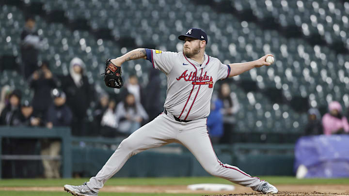 Apr 1, 2024; Chicago, Illinois, USA; Atlanta Braves relief pitcher Tyler Matzek (68) pitches against the Chicago White Sox during the ninth inning at Guaranteed Rate Field. Mandatory Credit: Kamil Krzaczynski-Imagn Images
