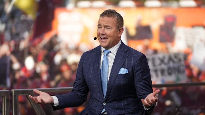 Kirk Herbstreit speaks on the set of ESPN College GameDay prior to the NCAA football game between the Ohio State Buckeyes and the Texas Longhorns at Ohio Stadium on Aug. 30, 2025.