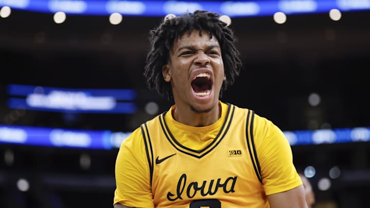 Mar 11, 2026; Chicago, IL, USA; Iowa Hawkeyes guard Tavion Banks (6) reacts after scoring against the Maryland Terrapins during the second half at United Center. Mandatory Credit: Kamil Krzaczynski-Imagn Images Mar 11, 2026; Chicago, IL, USA; Iowa Hawkeyes guard Tavion Banks (6) reacts after scoring against the Maryland Terrapins during the second half at United Center. Mandatory Credit: Kamil Krzaczynski-Imagn Images
