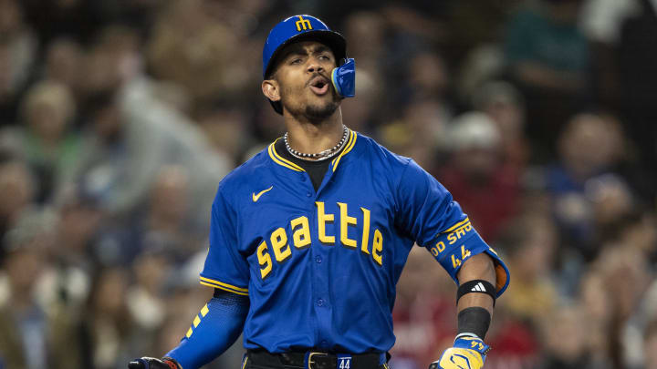 Mariners' centerfielder Julio Rodriguez (44) reacts after a called third strike during the fifth inning against the Texas Rangers at T-Mobile Park on June 14. Mariners' centerfielder Julio Rodriguez (44) reacts after a called third strike during the fifth inning against the Texas Rangers at T-Mobile Park on June 14.