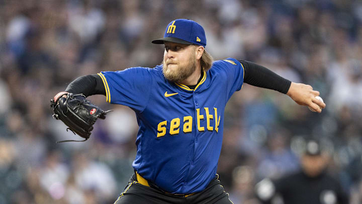 Seattle Mariners reliever Kirby Snead (43) delivers a pitch during the sixth inning against the Oakland Athletics at T-Mobile Park on May 10. Seattle Mariners reliever Kirby Snead (43) delivers a pitch during the sixth inning against the Oakland Athletics at T-Mobile Park on May 10.