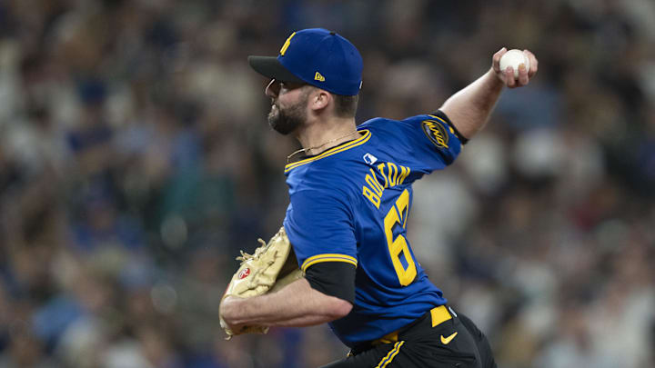 Seattle Mariners reliever Cody Bolton (67) delivers a pitch during the eighth inning against the Oakland Athletics at T-Mobile Park in 2024.