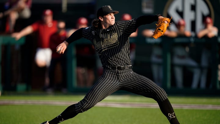 Vanderbilt pitcher Patrick Reilly (88) pitches against Arkansas during the first inning at Hawkins Field in Nashville, Tenn., Thursday, May 18, 2023. Vanderbilt pitcher Patrick Reilly (88) pitches against Arkansas during the first inning at Hawkins Field in Nashville, Tenn., Thursday, May 18, 2023.