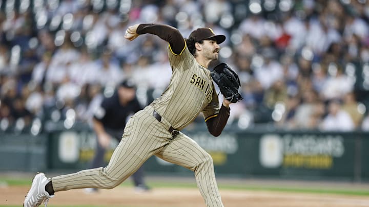 Sep 19, 2025; Chicago, Illinois, USA; San Diego Padres starting pitcher Dylan Cease (84) delivers a pitch against the Chicago White Sox during the first inning at Rate Field. Mandatory Credit: Kamil Krzaczynski-Imagn Images Sep 19, 2025; Chicago, Illinois, USA; San Diego Padres starting pitcher Dylan Cease (84) delivers a pitch against the Chicago White Sox during the first inning at Rate Field. Mandatory Credit: Kamil Krzaczynski-Imagn Images